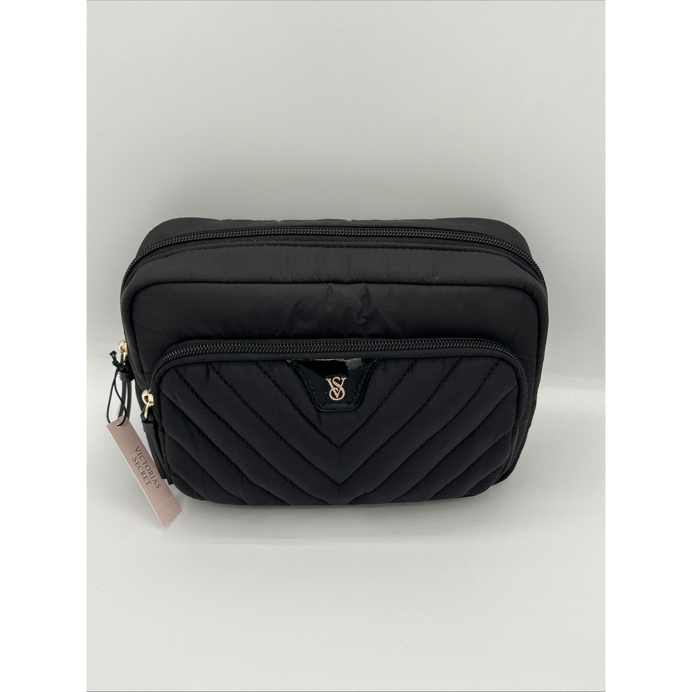 Victoria's Secret Black Quilted V-Quilt Nylon Travel Makeup Pouch Cosmetic Bag - Picture 2 of 6